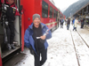 Zillertal ski train arriving Mayrhofen with happy skiers